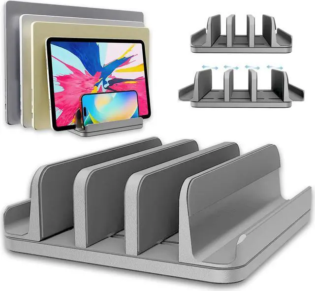 Main image of TEFONIA Vertical Laptop Stand Holder 5 Slots, Aluminum Space-Saving Laptop Holder, Adjustable Size Dock Tabletop Desk Organizer 3 Slot + 2 for Apple MacBook/Surface/PC/Tablet/iPad/iPhone (Space Gray)