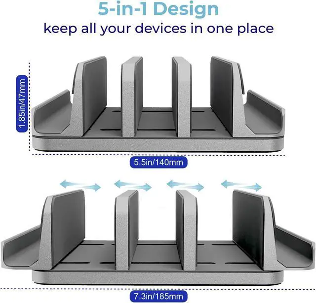 Alt view image 3 of 5 - TEFONIA Vertical Laptop Stand Holder 5 Slots, Aluminum Space-Saving Laptop Holder, Adjustable Size Dock Tabletop Desk Organizer 3 Slot + 2 for Apple MacBook/Surface/PC/Tablet/iPad/iPhone (Space Gray)