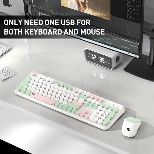 Alt view image 5 of 5 - Wireless Keyboards Mouse Combos, Colorful Cute Typewriter Full-Size Retro Round Creamy Keyboard, 2.4GHz Sleep Mode Office Wireless Keyboard and Mouse Set for Desktop Laptop PC Computer