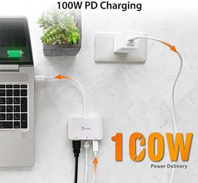 Alt view image 4 of 5 - j5create USB Type C to 4K HDMI and Gigabit Ethernet with PD 100W Pass-Through Charging, for MacBook Pro, MacBook Air, Chromebook, Surface Pro, iPad Pro or USB-C Laptop (JCA351)