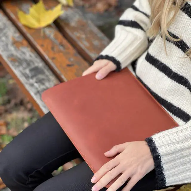 Alt view image 4 of 5 - Aartedesign Genuine Vintage Leather Sleeve Case for 14 Inch MacBook 14 Pro 2021-2025 M1 M2 M3 M4 Pro/Max A2442 A2779 Laptop Soft Skin Carrying Bag (Horizontal, Vintage Cognac)