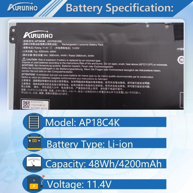 Alt view image 2 of 5 - AURUNHO AP18C4K Laptop Battery Replacement for Acer Aspire 5 A515-43 A515-43G A515-44 A515-44G, A515-54 A515-54G A515-56 A515-56G,Acer Spin 3 SP313-51N SP314-54N Series AP18C8k 48Wh