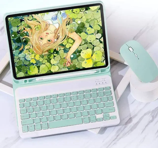 Alt view image 3 of 5 - QIYIBOCASE Keyboard Case with Mouse for iPad Mini 5/4, Candy Slim Detachable Wireless Magnetic Keyboard with Pencil Holder (Mint Green)