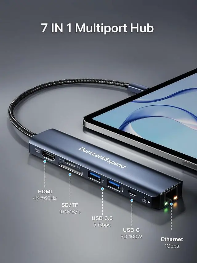 Alt view image 2 of 5 - USB C Hub Ethernet, DockteckExpand 7-in-1 Multiport Adapter Type C to 4K@60Hz HDMI, Gigabit Ethernet, 100W PD Charging, 2 USB 3.0, SD/TF Card Readers, for MacBook Pro/Air, iPad Pro/Air, XPS and More