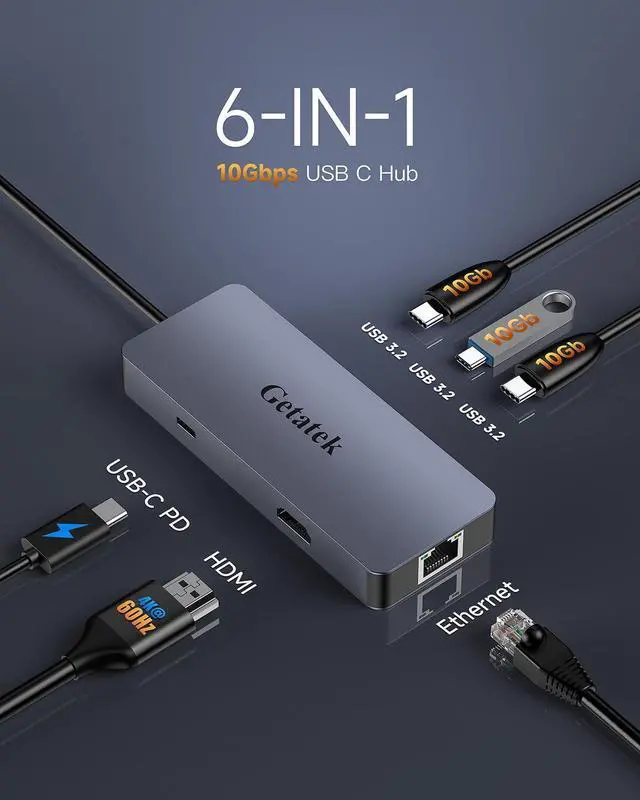 Alt view image 2 of 5 - Getatek USB-C HUB, 6-in-1 USB3.2 Dock with 3 USB-C 10Gbps Ports, 4K 60Hz HDMI, 100W Power Delivery, 1 Gbps Ethernet for MacBook Pro, XPS and More