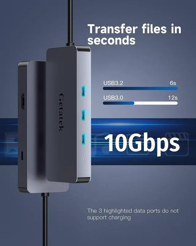 Alt view image 3 of 5 - Getatek USB-C HUB, 6-in-1 USB3.2 Dock with 3 USB-C 10Gbps Ports, 4K 60Hz HDMI, 100W Power Delivery, 1 Gbps Ethernet for MacBook Pro, XPS and More