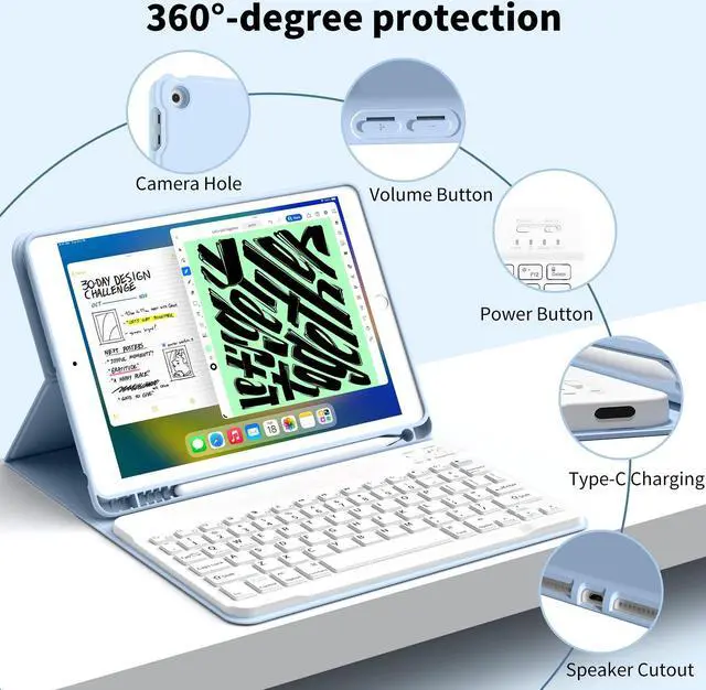 Alt view image 3 of 5 - GKABXY Case with Keyboard for iPad 10.2 inch 2021/2020/2019, iPad 9th/8th/7th Generation Detachable Bluetooth Keyboard Cover with Pencil Holder, Multi-Angle Stand for Study/Office/Travel (Sky Blue)