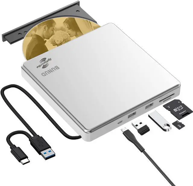 Main image of External CD DVD Drive LightScribe CD/DVD +/-RW Burner Player Writer Optical Disk Reader Portable CD DVD Drive for Laptop Mac MacBook PC Windows 11 10 Linux OS