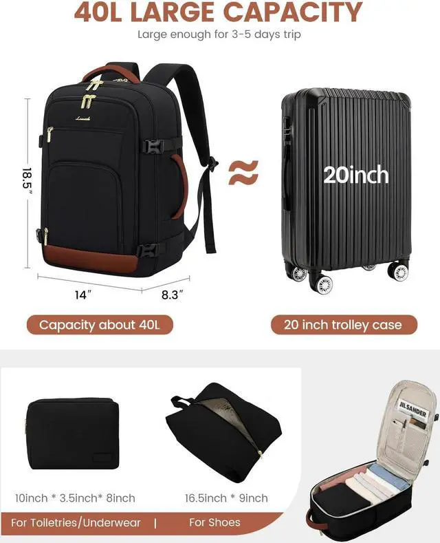 Alt view image 4 of 5 - LOVEVOOK Carry On Travel Backpack For Women Men Flight Approved, 40L Personal Item Backpack for Airplanes, Business Weekender Overnight Daypack Fits 17 Inch Laptop, With 2 Packing Cubes, Black-Brown