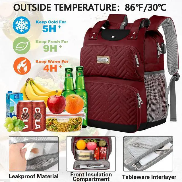 Alt view image 2 of 5 - Mogplof Lunch Backpack for Women, Water-resistant Insulated Cooler Backpacks Lunch Box Laptop Backpack, College with USB Port RFID Pockets for Nurse Work Travel Fits 15.6 Inch Laptop, Red