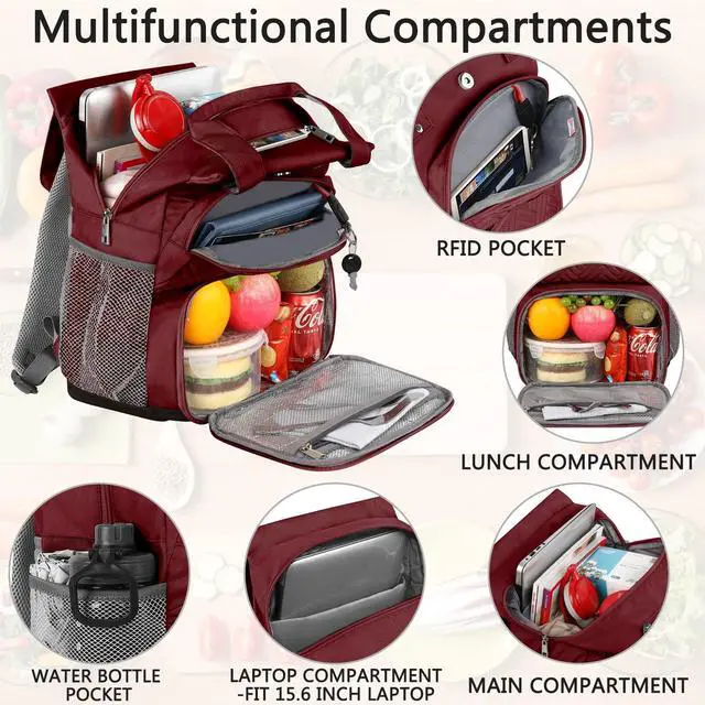 Alt view image 3 of 5 - Mogplof Lunch Backpack for Women, Water-resistant Insulated Cooler Backpacks Lunch Box Laptop Backpack, College with USB Port RFID Pockets for Nurse Work Travel Fits 15.6 Inch Laptop, Red