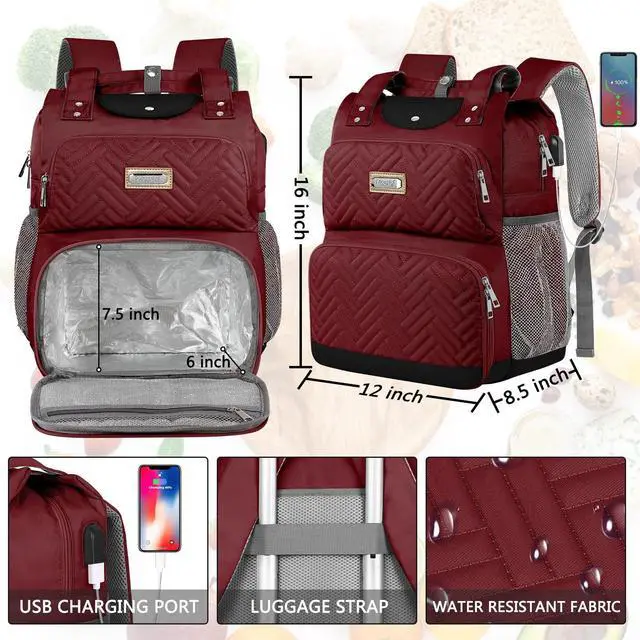 Alt view image 4 of 5 - Mogplof Lunch Backpack for Women, Water-resistant Insulated Cooler Backpacks Lunch Box Laptop Backpack, College with USB Port RFID Pockets for Nurse Work Travel Fits 15.6 Inch Laptop, Red