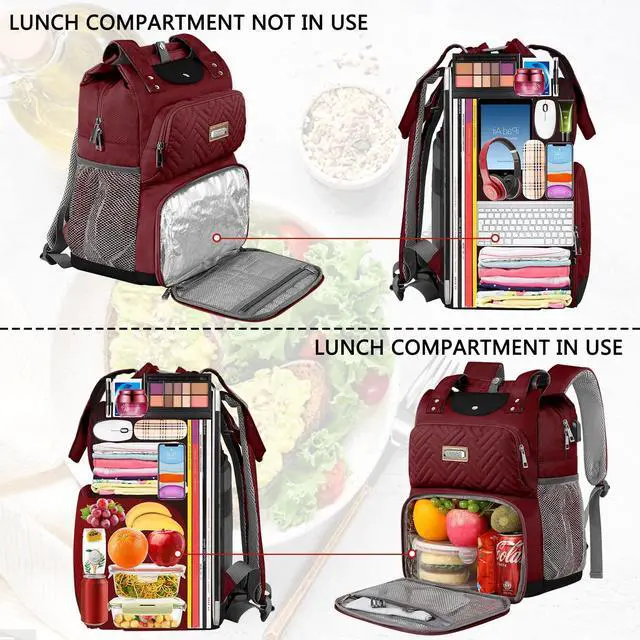Alt view image 5 of 5 - Mogplof Lunch Backpack for Women, Water-resistant Insulated Cooler Backpacks Lunch Box Laptop Backpack, College with USB Port RFID Pockets for Nurse Work Travel Fits 15.6 Inch Laptop, Red