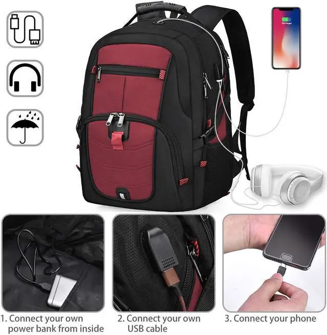 Alt view image 5 of 5 - NUBILY Laptop Backpack 18.4 Inch Waterproof Extra Large TSA Travel Backpack Anti Theft College Business Mens Backpacks with USB Charging Port 17.3 Gaming Computer Backpack for Women Men Red