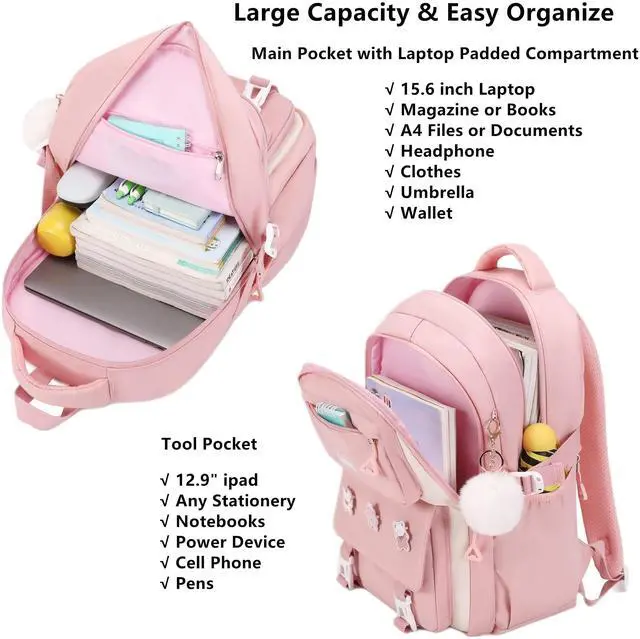 Alt view image 3 of 5 - QHRIDS Girls Backpack Aesthetic Laptop Backpacks Kawaii Large Bookbag Anime Casual Travel Daypack,Pink