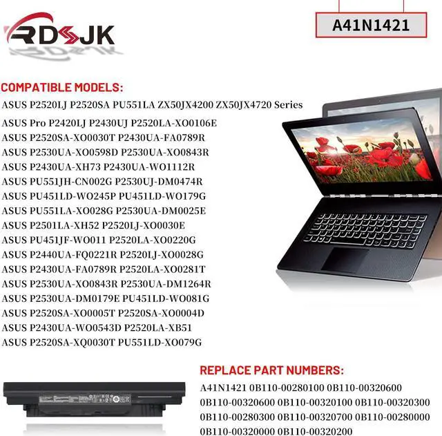 Alt view image 3 of 5 - A41N1421 Laptop Battery for ASUS P2420LJ P2520 P2501LA P2520SA P2520LA P2430UA P2530UA P2430UJ PU451LD PU551LD PU551L P552LA P2520L P2520LJ P2530U PU551LA ZX50JX4200 ZX50JX4720 ZX50J ZX50JX 14.4V 37Wh