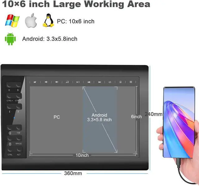Alt view image 2 of 5 - Graphics Drawing Tablet,10x6 inch Digital Writing Tablet with 8192 Levels Stylus for PC/Mac/Android 5.0 and Above with OTG Function for Drawing and Online Teaching