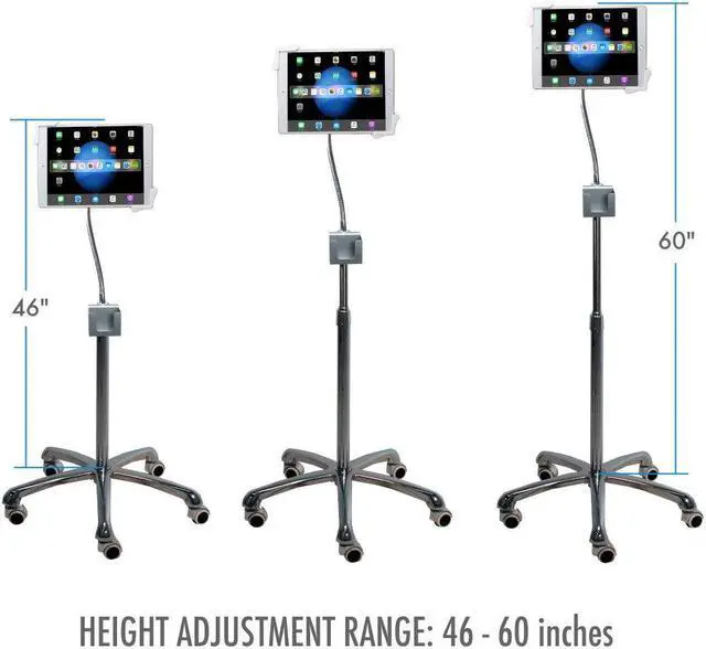 Alt view image 3 of 5 - Gooseneck Floor Stand - CTA Heavy-Duty Height-Adjustable Rotating Tablet Base for iPad 7th/8th/9th Gen 10.2" - Air 4 - 12.9" - Pro 11" - Surface Pro 4 - Zebra & Other 7-13" Tablets - Silver (PAD-HFS)