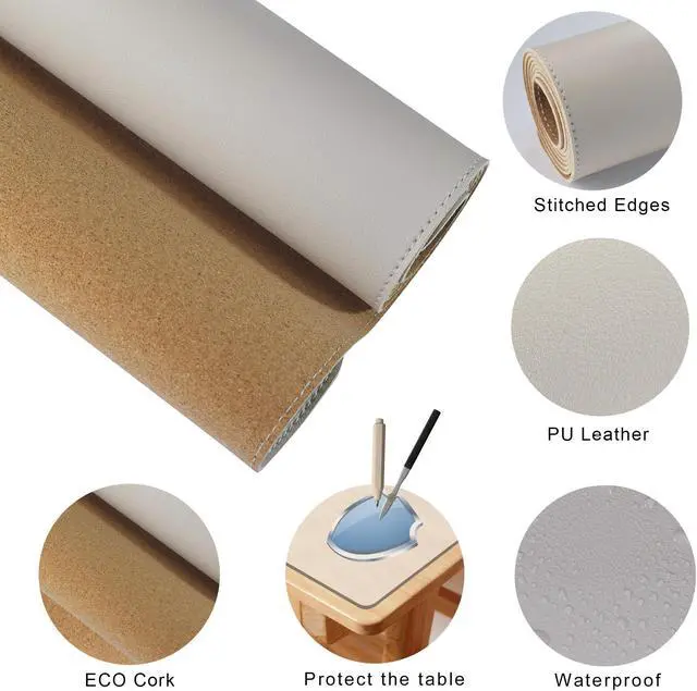 Alt view image 3 of 5 - MAIDERN 63x 31.5 Leather Desk Pad, Large Desk Mat, Cork & Leather Large Mouse pad for Desk, Waterproof Computer Desk Pad for Gaming Home Office (Cream)