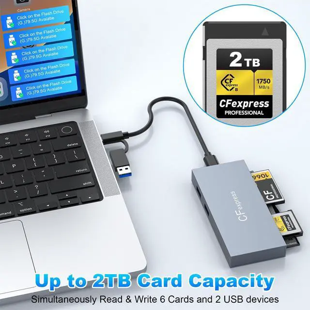 Alt view image 4 of 5 - 8 in 1 CFexpress Type B Card Reader, 10Gbps Multi CF Express Reader for CFexpress Type B/CF/XD/MS/TF/SD Reader, CFexpress Adapter Memory Card Reader with USB Gen 3.2 * 2 for Windows/Mac/Linux/Android