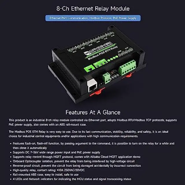 Alt view image 2 of 5 - Waveshare 8-Ch Ethernet Relay Module, Modbus RTU/Modbus TCP Protocol, PoE Port Communication, with Various Isolation and Protection Circuits, Industrial Grade Rail-Mount Case