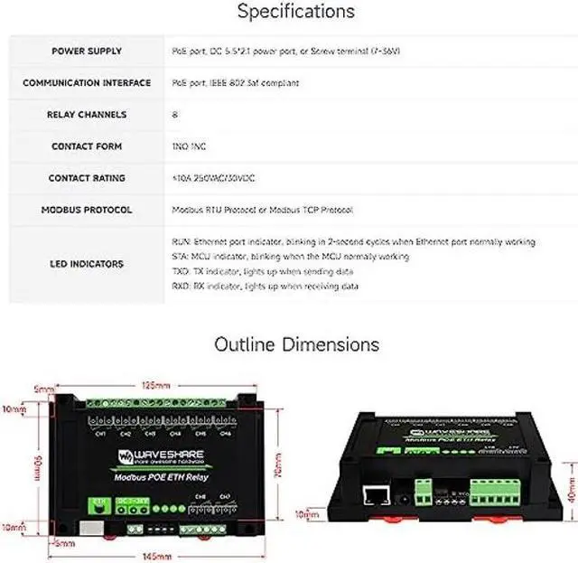Alt view image 3 of 5 - Waveshare 8-Ch Ethernet Relay Module, Modbus RTU/Modbus TCP Protocol, PoE Port Communication, with Various Isolation and Protection Circuits, Industrial Grade Rail-Mount Case