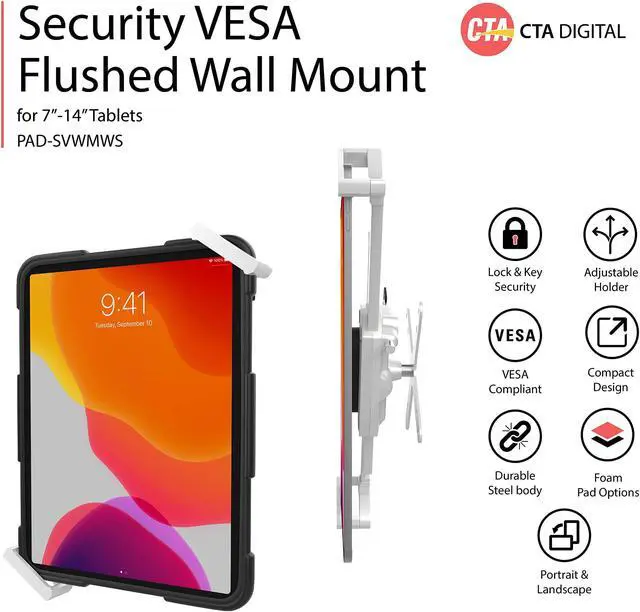 Alt view image 2 of 5 - CTA Digital Security VESA and Flushed Wall Mount for 7-14 Inch Tablets (PAD-SVWMWS) - White