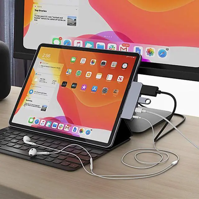 Alt view image 2 of 5 - HyperDrive USB C Hub Adapter for iPad Pro 2020 2019 2018 11"/ 12.9", USBC Smartphone/Tablet, 4-in-1 USB-C Hub Dongle with 4K HDMI, C-USB PD Charging, USB 3.0, 3.5mm Headphone Audio Jack -Gray