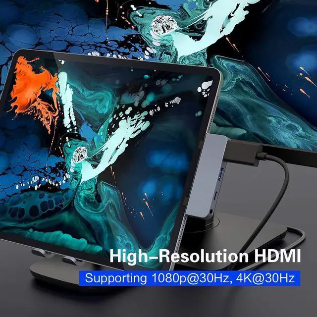 Alt view image 3 of 5 - HyperDrive USB C Hub Adapter for iPad Pro 2020 2019 2018 11"/ 12.9", USBC Smartphone/Tablet, 4-in-1 USB-C Hub Dongle with 4K HDMI, C-USB PD Charging, USB 3.0, 3.5mm Headphone Audio Jack -Gray