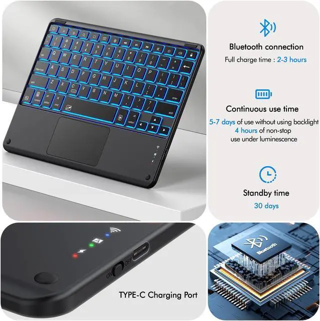 Alt view image 4 of 5 - INFILAND for Samsung Galaxy Tab A9+/A9 Plus 5g Case with Keyboard [High Precision Trackpad&7 Color Backlight], 360 Degree Rotating, Detachable Wireless Keyboard Case for Tab A9+ 11 inch 2023, Black