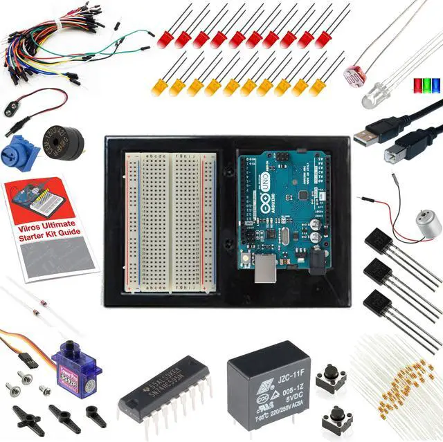 Main image of Vilros Arduino Uno Starter Kit - Includes Arduino Uno R3 Board, 190+ Electronics Components, Breadboard, Jumper Wires, DC Motor, Servo, Relay, Full-Color 72 Page Manual [190+ Pieces]