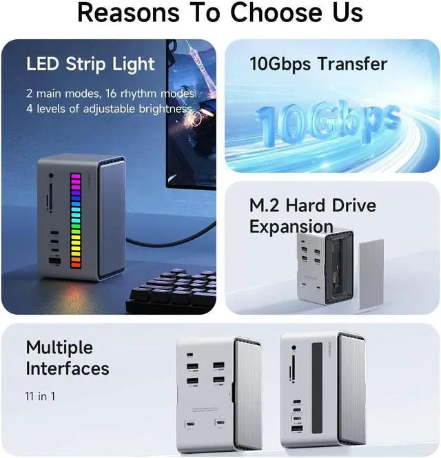 Alt view image 2 of 5 - Hagibis USB C Docking Station with M.2 NVMe/SATA SSD Enclosure Adapter, LED Strip Light USB 3.2 Gen 2 (10 Gbps) to PCI-E M-Key/(B+M) Key Support UASP for NVMe/SATA SSDs for MacBook Pro