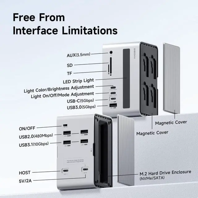 Alt view image 3 of 5 - Hagibis USB C Docking Station with M.2 NVMe/SATA SSD Enclosure Adapter, LED Strip Light USB 3.2 Gen 2 (10 Gbps) to PCI-E M-Key/(B+M) Key Support UASP for NVMe/SATA SSDs for MacBook Pro
