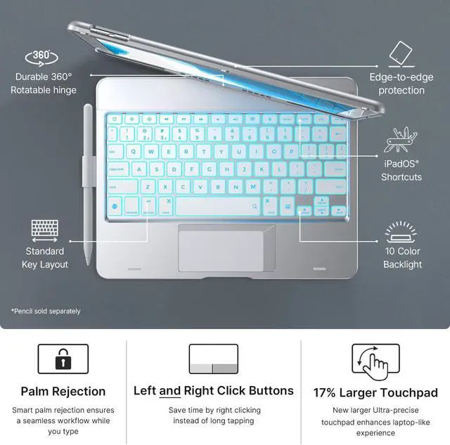Alt view image 7 of 7 - typecase Touch Case with Keyboard for iPad 9th Generation (10.2", 2021), Multi-Touch Trackpad, 10 Color Backlight, 360, Thin & Light - iPad 8th Gen (2020), 7th Gen (2019), Air 3, Pro 10.5 (Silver)
