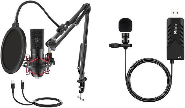 Main image of FIFINE USB Condenser Mic and Lavalier Microphone, Gaming Mic Set with Boom Arm Stand, Pop Filter, PC Condenser Lapel Microphone for Streaming Podcast Home Studio (T732+K053)