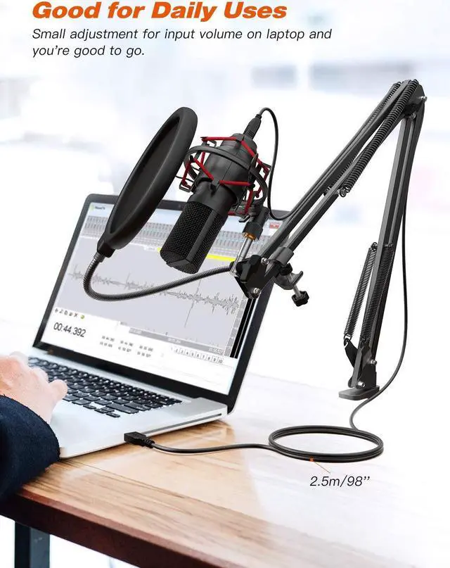 Alt view image 4 of 5 - FIFINE USB Condenser Mic and Lavalier Microphone, Gaming Mic Set with Boom Arm Stand, Pop Filter, PC Condenser Lapel Microphone for Streaming Podcast Home Studio (T732+K053)