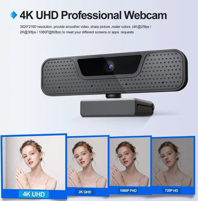 Alt view image 2 of 5 - 4K Auto Focus Webcam for PC, 4 AI Noise-Canceling Mics UHD Web cam, Auto Light Correction, 85°FOV Computer Web Camera, USB C Plug&Play Webcam with Tripod & Privacy Cover Works w/Zoom/Skype/Google