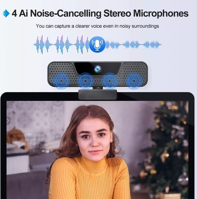 Alt view image 4 of 5 - 4K Auto Focus Webcam for PC, 4 AI Noise-Canceling Mics UHD Web cam, Auto Light Correction, 85°FOV Computer Web Camera, USB C Plug&Play Webcam with Tripod & Privacy Cover Works w/Zoom/Skype/Google