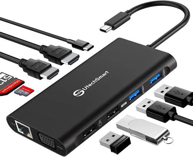 Main image of UtechSmart Triple Monitor USB-C Laptop Docking Station - 11-in-1 Dock with 2 HDMI, VGA, PD3.0, SD/TF Card Slot, 4 USB Ports - Compatible with MacBook & Windows (Black)