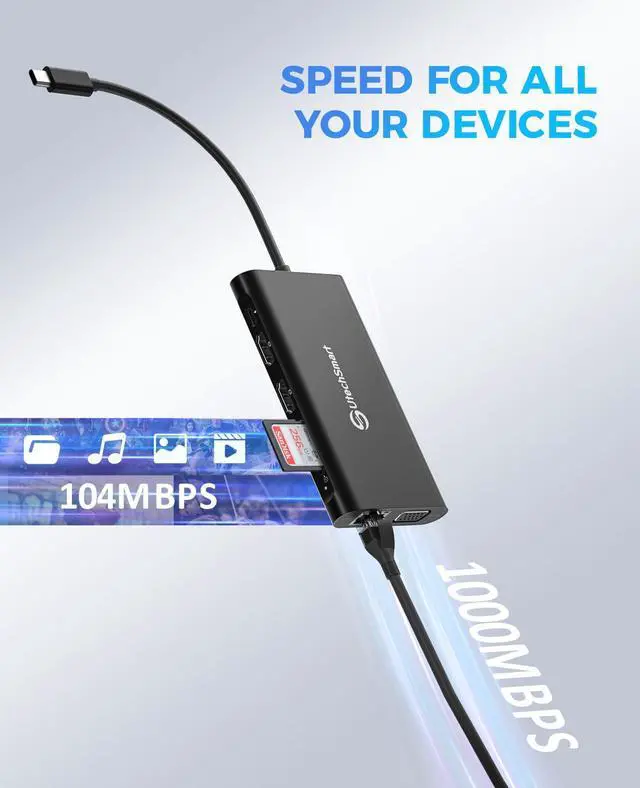 Alt view image 5 of 5 - UtechSmart Triple Monitor USB-C Laptop Docking Station - 11-in-1 Dock with 2 HDMI, VGA, PD3.0, SD/TF Card Slot, 4 USB Ports - Compatible with MacBook & Windows (Black)