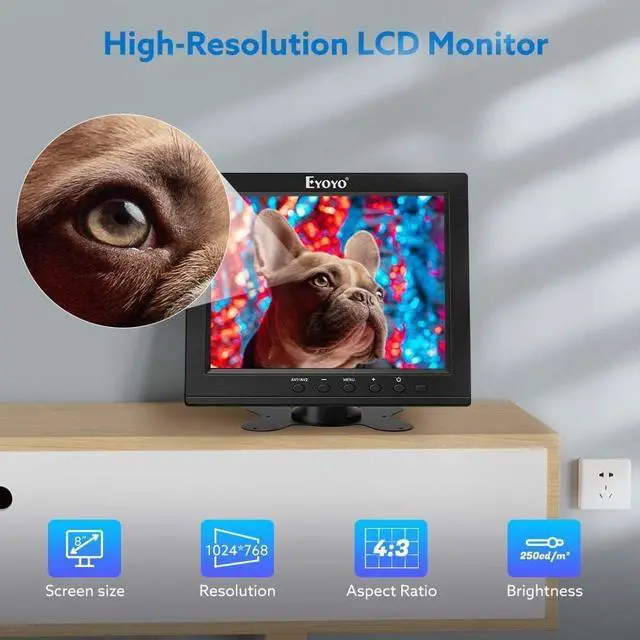 Alt view image 3 of 5 - Eyoyo 8 Inch HDMI Monitor Small LCD Screen Mini Monitors 1024x768 4:3 TFT HD CCTV Security Display with Speakers HDMI VGA BNC AV YPbPr Input for Computer PC Laptop RasPi Camera