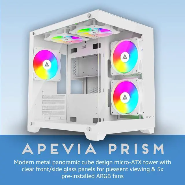 Alt view image 2 of 5 - Apevia Prism-WH Prism Micro-ATX Gaming PC Cube Case w/ 5X 120mm ARGB Fans, 366 RGB Modes, Dual Tempered Glass Panels, 240mm Radiator Support, 1X USB3.0, 2X USB 2.0, HD Audio Port, White