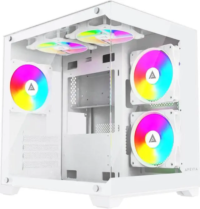 Main image of Apevia Prism-WH Prism Micro-ATX Gaming PC Cube Case w/ 5X 120mm ARGB Fans, 366 RGB Modes, Dual Tempered Glass Panels, 240mm Radiator Support, 1X USB3.0, 2X USB 2.0, HD Audio Port, White