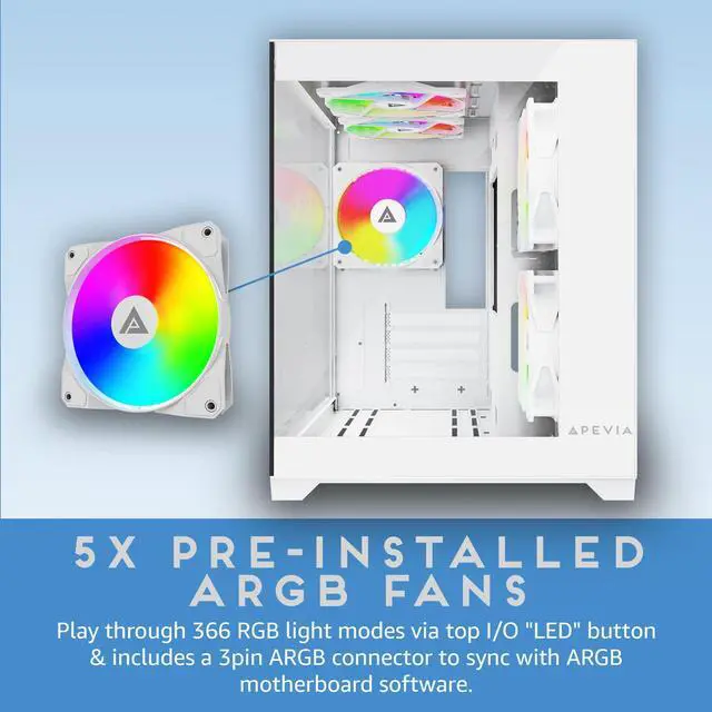 Alt view image 3 of 5 - Apevia Prism-WH Prism Micro-ATX Gaming PC Cube Case w/ 5X 120mm ARGB Fans, 366 RGB Modes, Dual Tempered Glass Panels, 240mm Radiator Support, 1X USB3.0, 2X USB 2.0, HD Audio Port, White