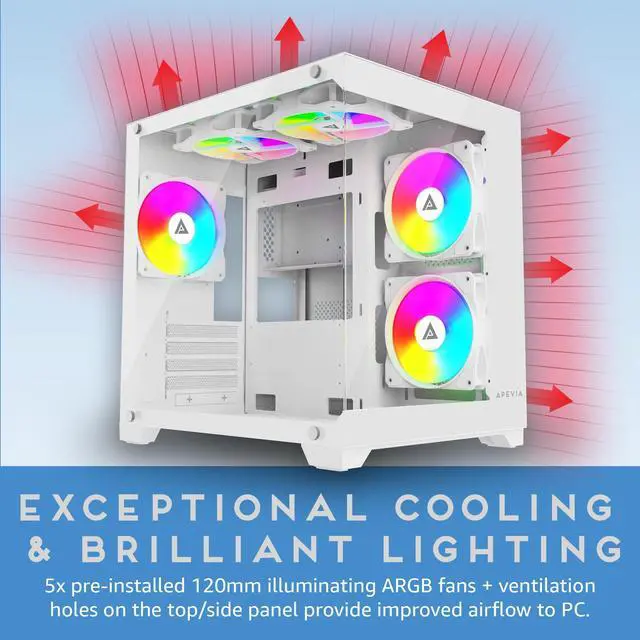 Alt view image 4 of 5 - Apevia Prism-WH Prism Micro-ATX Gaming PC Cube Case w/ 5X 120mm ARGB Fans, 366 RGB Modes, Dual Tempered Glass Panels, 240mm Radiator Support, 1X USB3.0, 2X USB 2.0, HD Audio Port, White