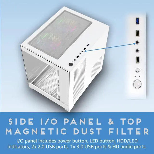 Alt view image 5 of 5 - Apevia Prism-WH Prism Micro-ATX Gaming PC Cube Case w/ 5X 120mm ARGB Fans, 366 RGB Modes, Dual Tempered Glass Panels, 240mm Radiator Support, 1X USB3.0, 2X USB 2.0, HD Audio Port, White