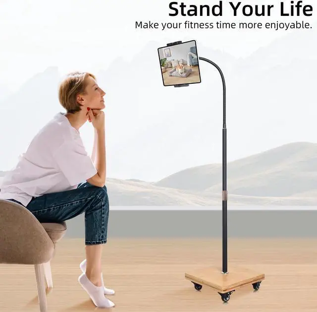 Alt view image 4 of 5 - wishacc Tablet Floor Stand for Bed - Gooseneck Tablet Holder Mount with Adjustable Height and 4 Wheels, Compatible with iPad mini Air Pro 12.9/9.7, Galaxy Tab, Kindle, Cell Phones (4.7"-13")