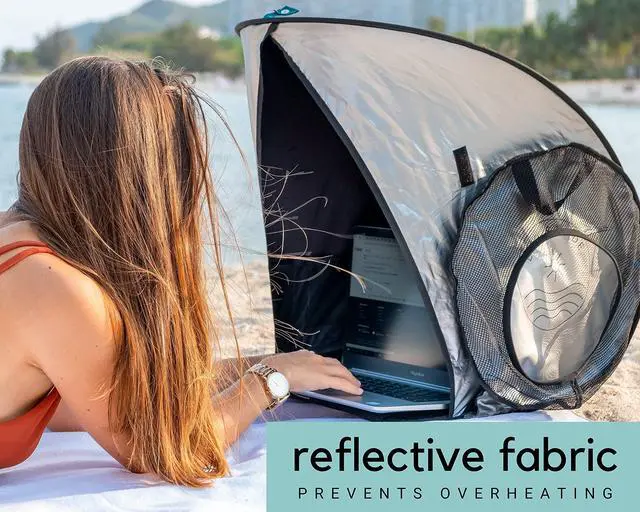 Alt view image 4 of 5 - Laptop Sun Shade for Working Outside | Glare Blocker | Heat Reflective | Waterproof | Fits up to 17" Screens | Foldable & Portable Privacy Screen Hood Tent for Outdoors | Perfect Viewing Angle