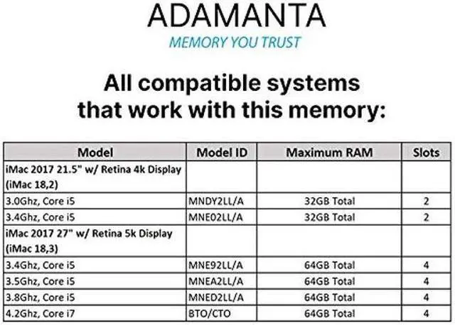 Alt view image 2 of 4 - Adamanta 32GB (2x16GB) Memory Upgrade Compatible for 2017 Apple iMac 27 Retina 5K Display & iMac 21.5 Retina 4k Display DDR4 2400MHz PC4-19200 SODIMM 2Rx8 CL17 1.2v Dual Rank RAM DRAM