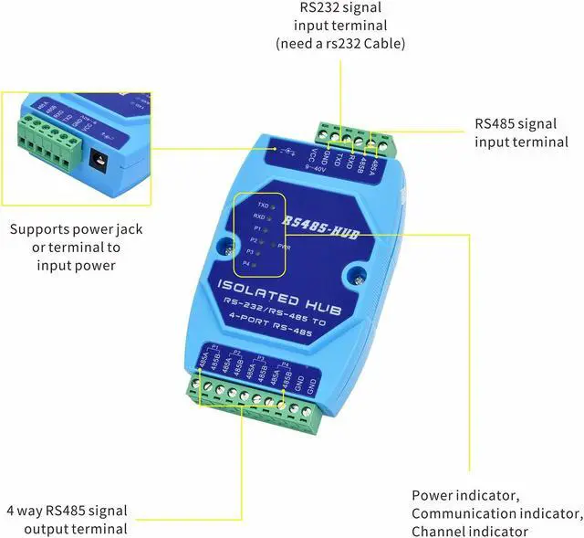 Alt view image 3 of 5 - ATNEDCVH RS232 RS485 to 4 Ports RS485 Repeater Optical Isolator Industrial Grade, RS485 hub 4 in 1 Out Signal Amplifier Anti-Interference (Blue)